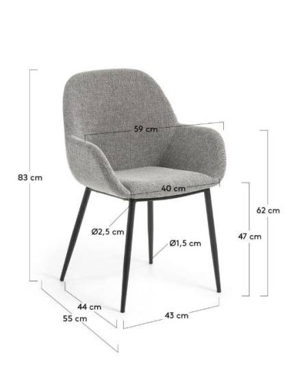 Silla  CAMILE con brazos gris claro y patas de acero acabado pintado negro