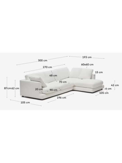 Sofá 300x193x87 cms TOLÓN chaise longue derecha blanco