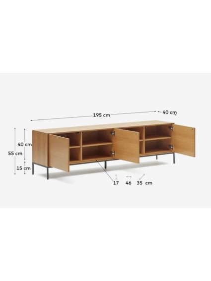 Mueble tv 195x40x55 cms ACTUEL 3 puertas de chapa de roble y patas de acero negro