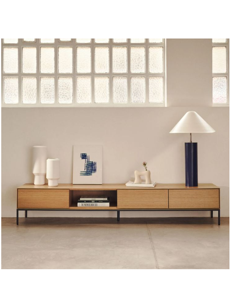 Mueble tv 195x40x35 cms ACTUEL 3 cajones de chapa de roble y patas de acero negro