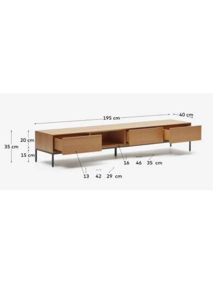 Mueble tv 195x40x35 cms ACTUEL 3 cajones de chapa de roble y patas de acero negro