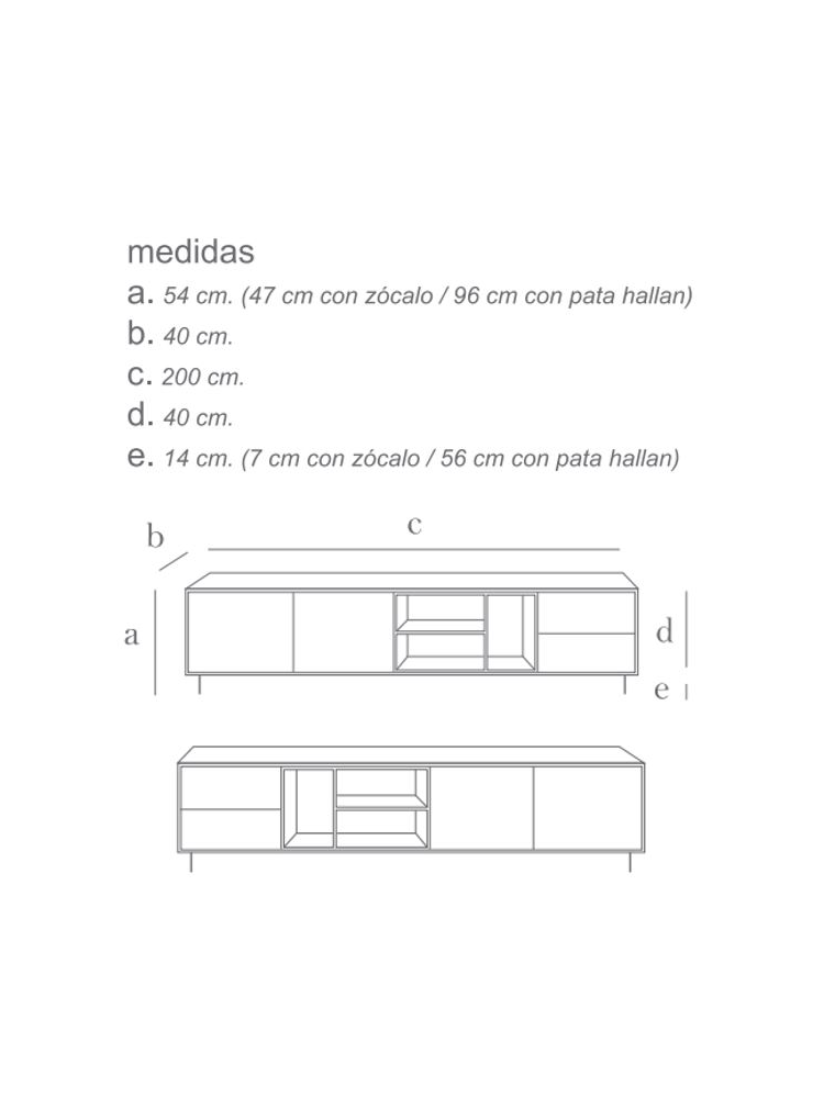 Mueble TV 200 cms NIEMEN 2 puerta 2 cajones 3 huecos diferentes acabados