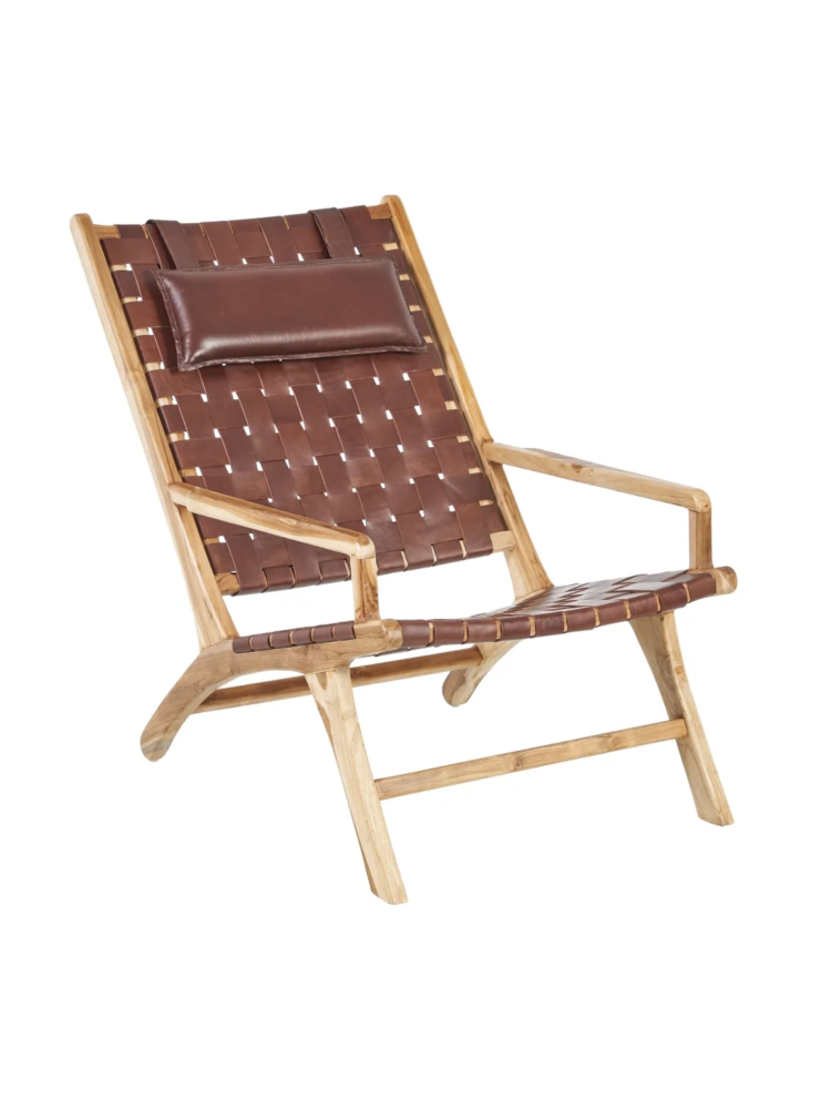SILLÓN MARRÓN MADERA TECA-PIEL SALÓN 66 X 97 X 90 CM