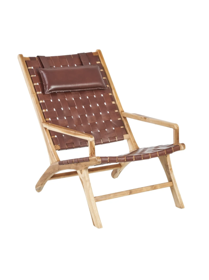 SILLÓN MARRÓN MADERA TECA-PIEL SALÓN 66 X 97 X 90 CM