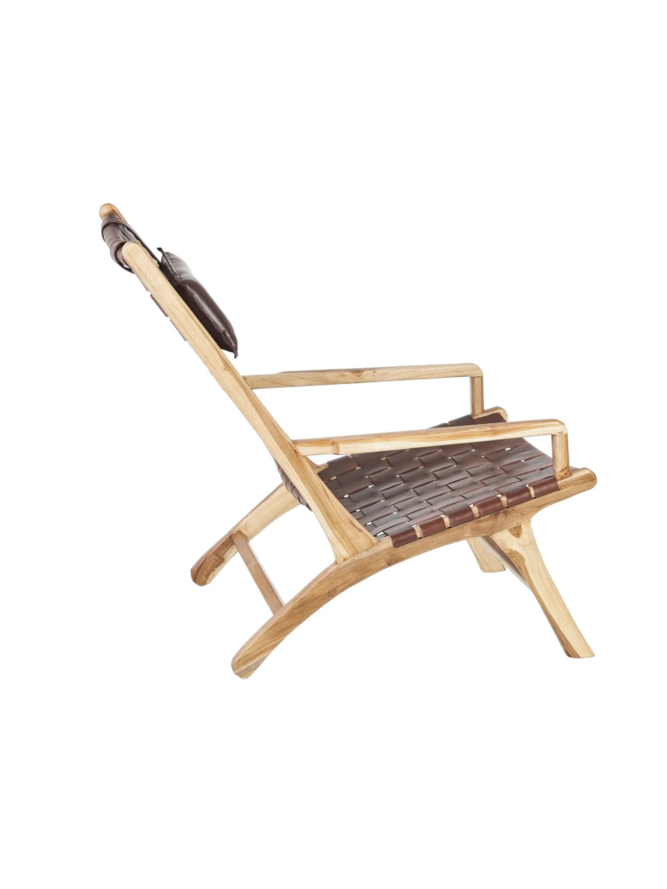 SILLÓN MARRÓN MADERA TECA-PIEL SALÓN 66 X 97 X 90 CM