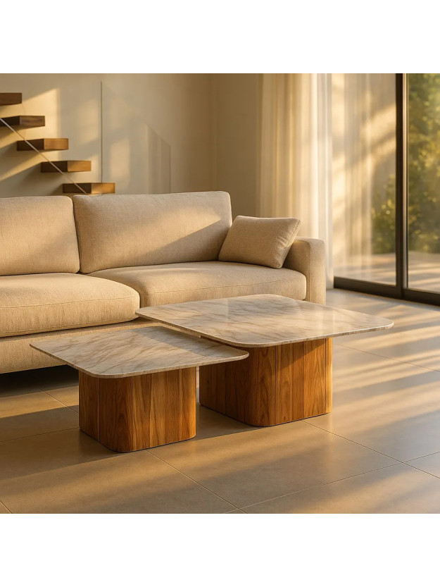 CERES Set mesa de centro mármol, madera de acacia.