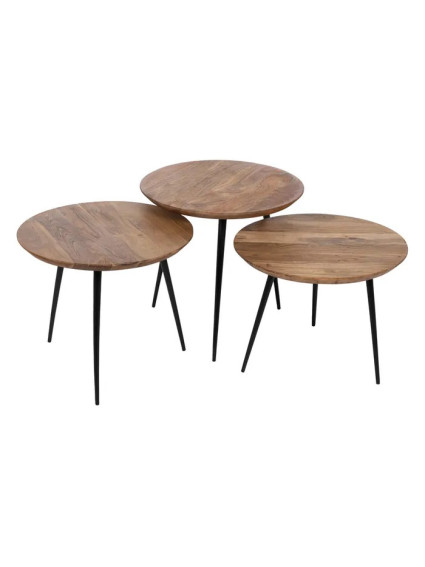 POLARIS set de tres mesas de centro natural madera-metal