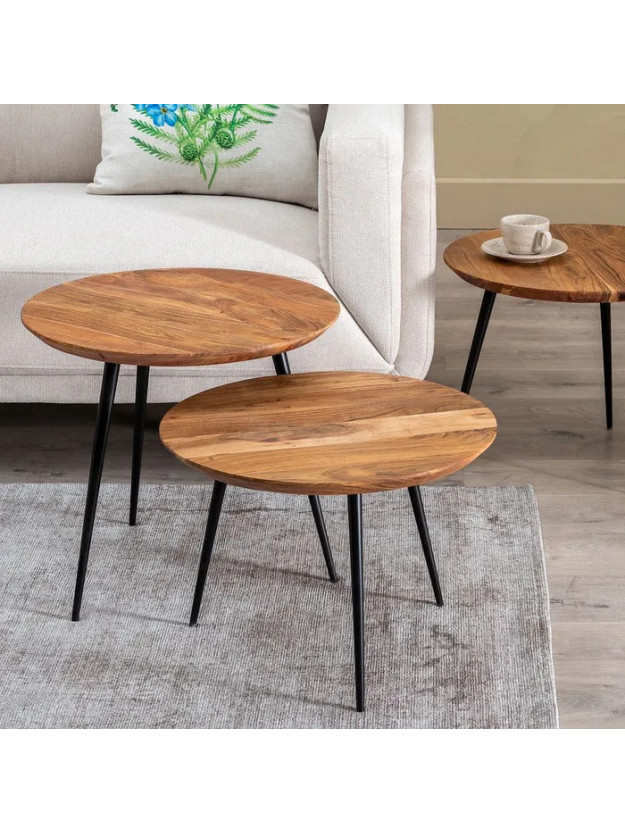 POLARIS set de tres mesas de centro natural madera-metal