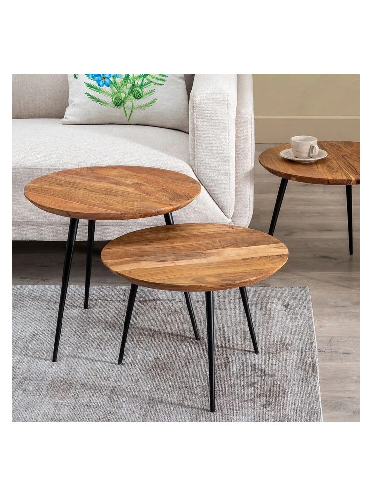 POLARIS set de tres mesas de centro natural madera-metal