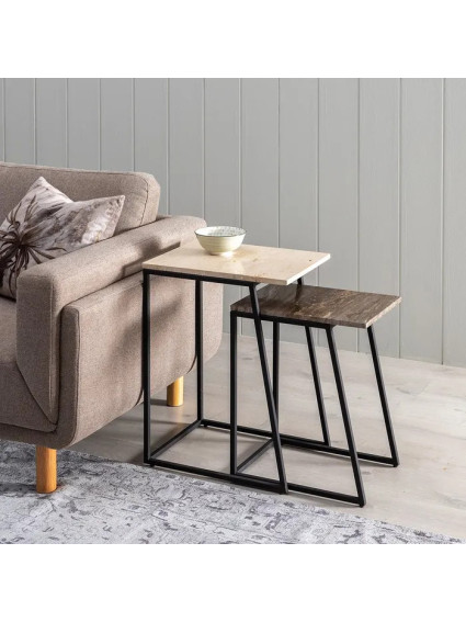 LUCENA set 2 mesas crema-marrón mármol