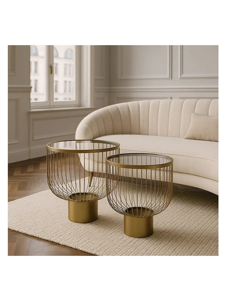 MEDELLIN SET  set 2 mesas auxiliares oro metal-cristal