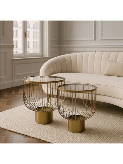 MEDELLIN SET  set 2 mesas auxiliares oro metal-cristal