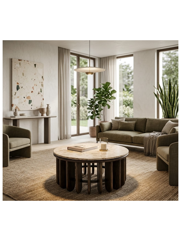 SILUETA 90 X 90  mesa de centro madera y mármol