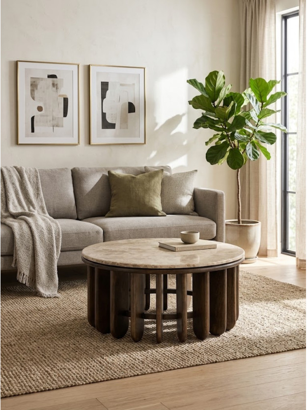 SILUETA 90 X 90  mesa de centro madera y mármol