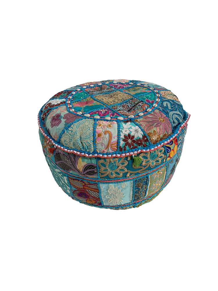 Pouf Éctnico Turquesa bordado 60x60x30cm